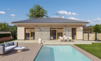 4-Zimmer-Bungalow mit Walmdach und Terrassenzugang vom Schlafzimmer aus.